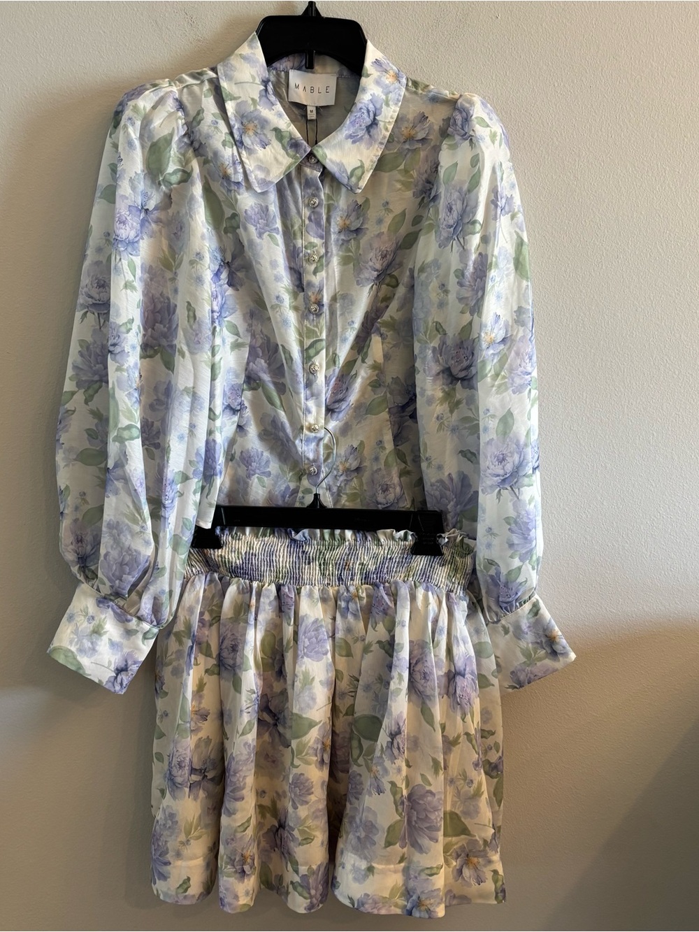 MABLE purple floral top skirt set puff-sleeves with button cuffs Medium NEW